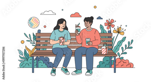 Two friends enjoying a casual meal and drinks while sitting on a wooden park bench surrounded by vibrant flowers and green bushes in summer.