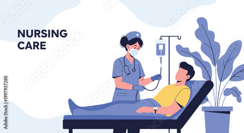 Professional nurse wearing a mask and gloves providing care for a male patient lying in a hospital bed with an intravenous drip in a room.