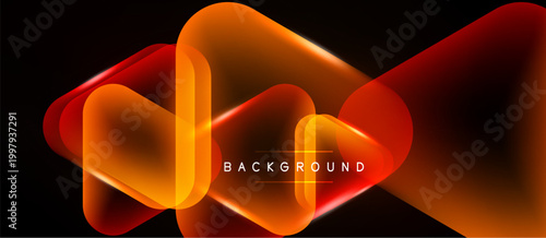 Abstract neon shapes overlap, creating vibrant orange, red glow. Dark background emphasizes luminosity, modern design element.