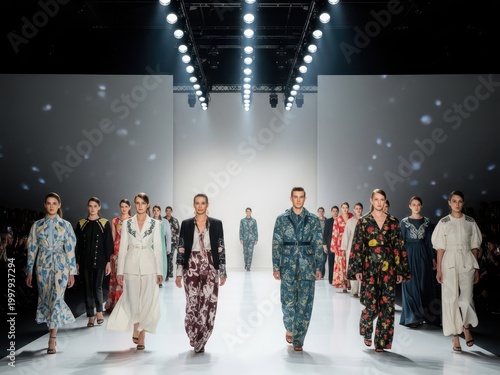 Vibrant fashion showcase under spotlights