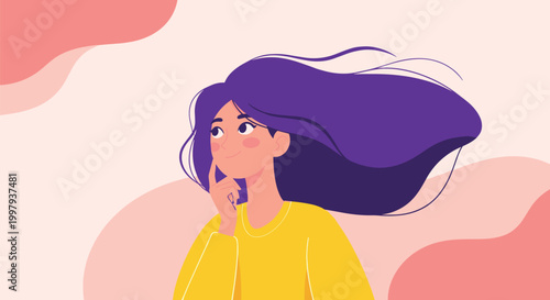 Young girl with long flowing purple hair looking up thoughtfully against a soft pink abstract background with curved shapes and patterns.