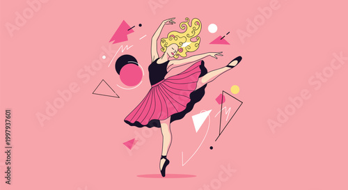 Graceful blonde ballerina wearing a black leotard and pink tutu performing a dance move on a bright pink artistic background with shapes.
