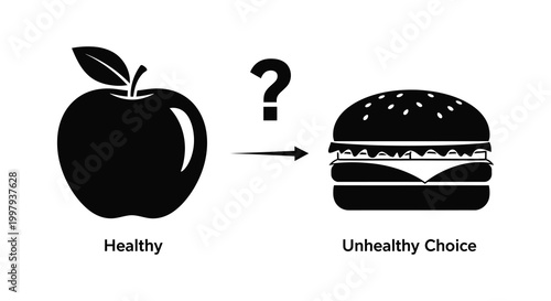 A visual representation of transitioning from healthy fruit to an unhealthy burger silhouette