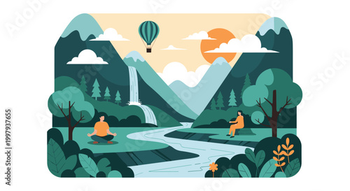 Peaceful scene of people meditating and relaxing in a mountain valley with a waterfall, a river, and a hot air balloon in the sky.