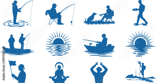 Blue Silhouette Vector Icons of People in Leisure Activities, Recreation and Hobby Scenes for Lifestyle, Tourism, Entertainment, Wellness and Creative Design Projects, Modern Flat Style Illustration S