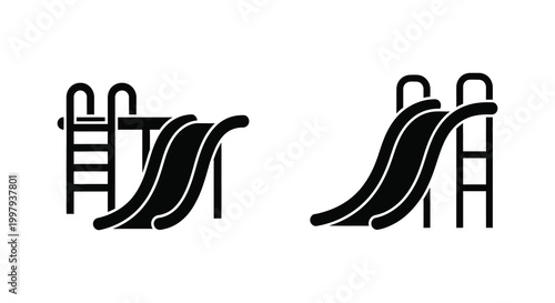 Two black playground slides are depicted in a simple minimalist silhouette high quality