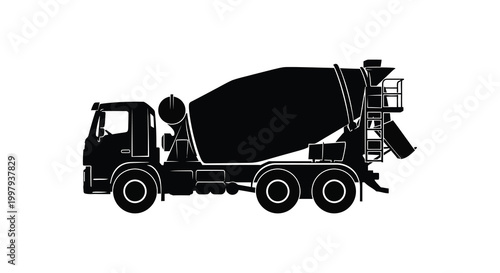 A stark black silhouette of a concrete mixer truck against a white background silhouette