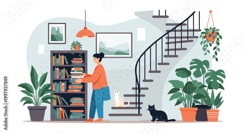 Young woman organizing books in a large bookshelf next to a modern spiral staircase in a bright room with pet cats and green monstera plants.