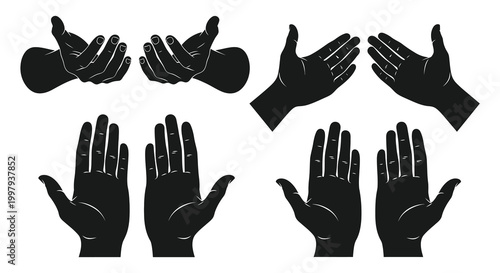 A collection of black hand gestures and poses displayed against a white background silhouette