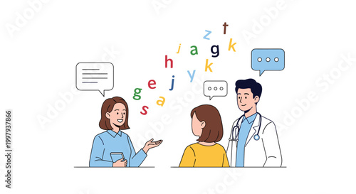 Professional speech therapist working with a patient to improve communication and language skills using floating visual alphabet letter elements.