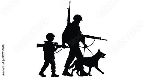A soldier and child walk with a military dog depicted in stark silhouette