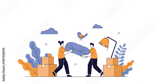 Young happy couple carrying a heavy blue beanbag chair while moving into their new apartment with cardboard boxes, home decor, and green plants.