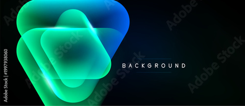 Abstract rounded squares overlap, creating vibrant bluegreen glow. Dark background emphasizes luminous shapes, modern design element.