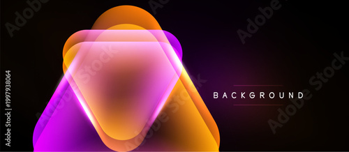 Abstract geometric shapes overlap, creating vibrant gradient effect. Dark background emphasizes bright colors, modern design element.