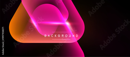 Abstract neon shapes overlap, creating vibrant gradient effect. Dark background emphasizes glowing curves, modern design element.