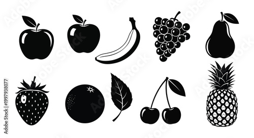 A collection of various black fruit shapes and forms in a bold silhouette