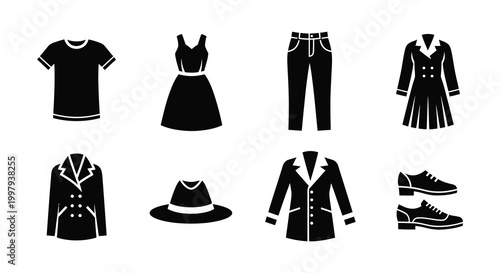 A collection of various clothing items and accessories presented in black silhouette