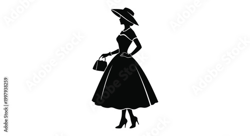 Elegant woman in a full skirt dress and hat a striking black silhouette