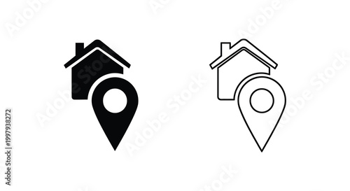 Two house icons with location markers one filled and one outlined silhouette