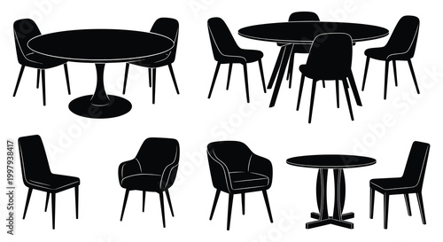 Arrangement of modern dining furniture including tables and chairs displayed as a silhouette