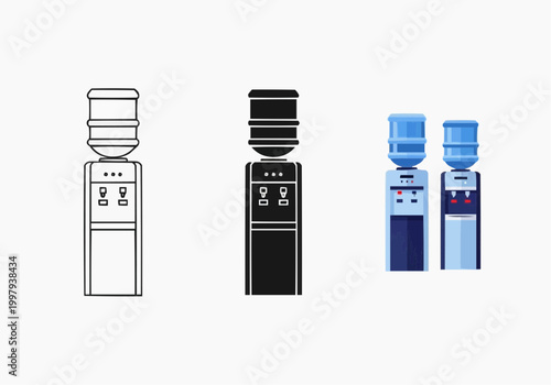 Water cooler dispenser icon set for office and home hydration