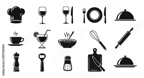 Black silhouettes of culinary tools tableware and food presentation items silhouette high quality