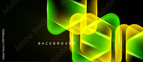 Abstract neon lines create dynamic geometric shapes. Vivid green, yellow hues contrast dark background. Modern design element.