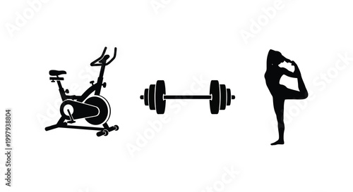 Fitness equipment and a yoga pose are depicted in dark silhouette high quality