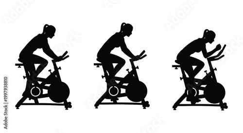 A series of spinning class participants depicted in black minimalist silhouette high quality