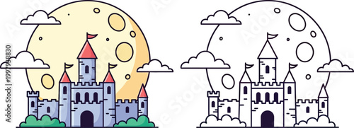 Whimsical Cartoon Castle with Full Moon and Clouds Fairytale Night Scene