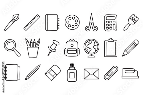 Cleaning service icons with vacuum mop sponge bucket and sanitation tools