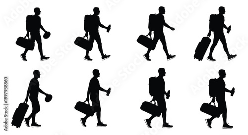 A collection of travelers walking with luggage depicted in stark black silhouette