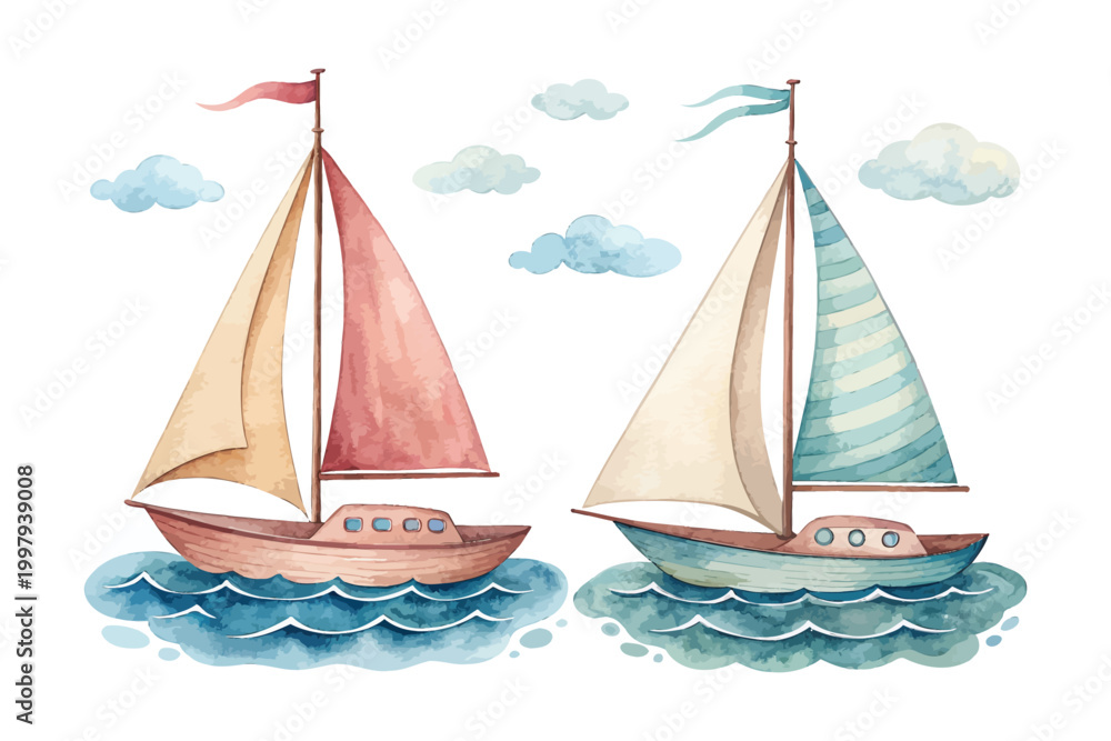 Fototapeta premium Watercolor Sailboat Icon, Ocean Transport Clipart, Isolated on White background