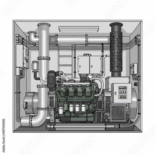 Marine diesel generator system with pipes and electrical components  