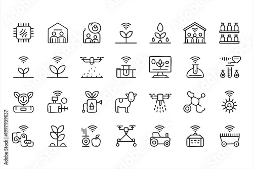 IoT farming icons with drone monitoring precision agriculture and automation systems