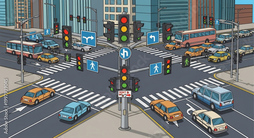 Busy City Intersection with Traffic Lights and Vehicles.