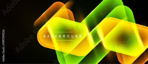 Dynamic neon shapes overlap, creating vibrant glow effect. Dark background emphasizes bright colors, modern design element.