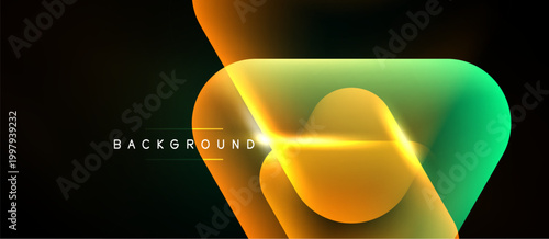 Abstract design features vibrant gradients. Orange, green hues blend, creating dynamic visual effect. Dark background emphasizes bright shapes.