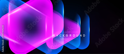 Abstract neon shapes overlap, creating vibrant glow. Dark background emphasizes bright colors, modern design element.