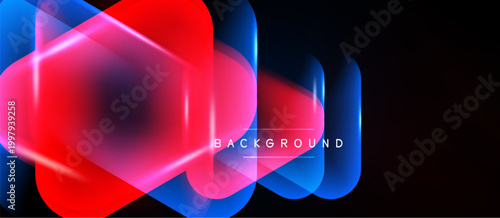 Abstract neon shapes overlap, creating vibrant glow. Dark background emphasizes bright colors, modern design element.