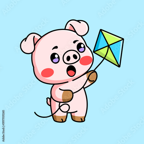 Cute Pig Flying Kite Cartoon Illustration, Adorable Animal Mascot Character Design