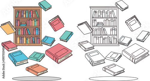 Cartoon Books Flying into a Bookcase Knowledge and Education Concept