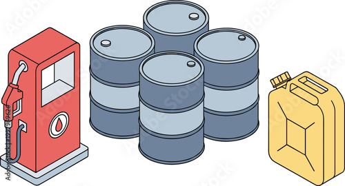 Oil drums and gas pump with yellow canister in industrial graphic illustration for business finance