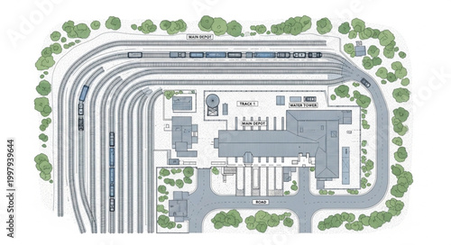 Aerial view of a large train station with multiple tracks and platforms.