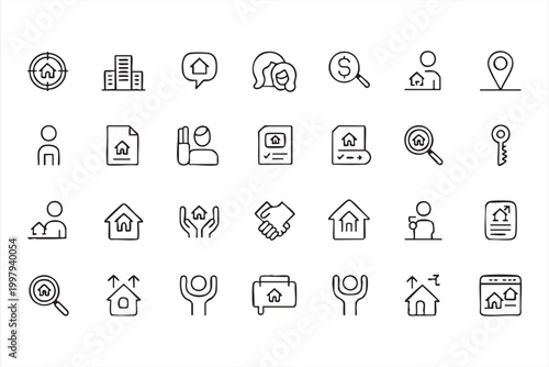 Real estate moving icons with house relocation truck delivery and property services