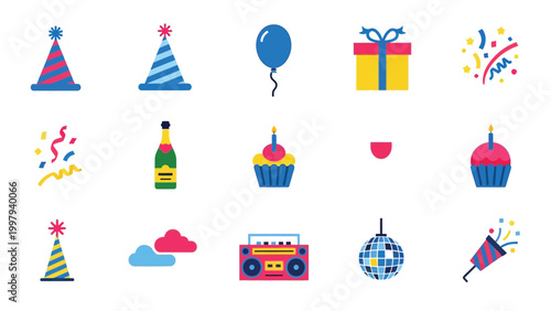 Colorful flat party and celebration icons for birthday event invitation elements.