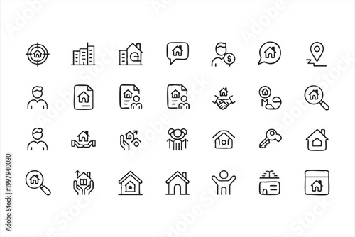 Home relocation and property icons with moving truck location and logistics symbols
