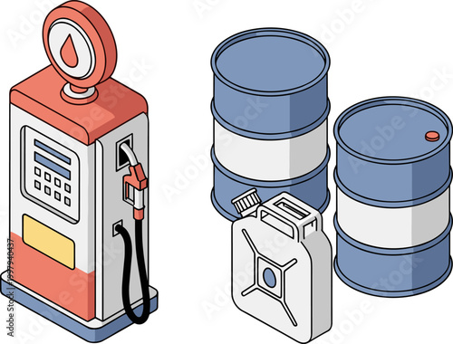 Vintage gas pump and oil barrels in retro colorful illustration for industrial energy