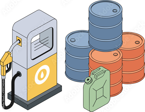 Gas pump with oil barrels and canister in industrial colorful illustration for energy and fuel