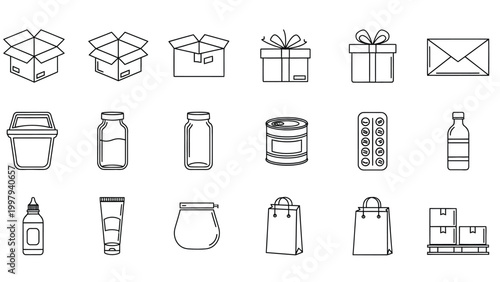 Outline set of packaging containers and boxes line icons for shipping and storage, isolated vector illustration.